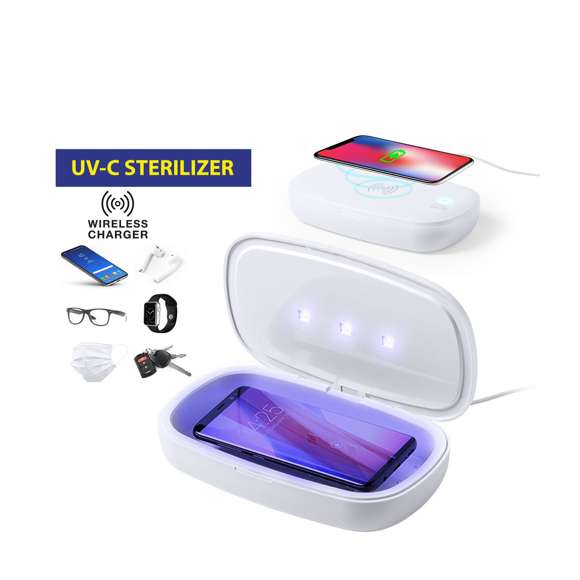 Caja esterilizadora de luz ultravioleta tipo C, con cargador inalámbrico para smartphone integrado en tapa. Especialmente diseñada para la eliminación de microorganismos y bacterias en objetos de uso cotidiano como el smartphone, llaves, gafas, mascarilla, auriculares, smartwatch... Fabricada en resistente material ABS de acabado mate y presentada en atractiva caja individual de diseño.  Fácil de usar, basta con introducir el objeto dentro de la caja. Potencia de bombilla 1W longitud de onda de 270-280 nm, con alimentación mediante cable USB Tipo C de 1m de largo con color a juego. Tiempo de esterilización de 5 y 10 minutos con función auto-apagado.  Disponible manual de usuario en español e inglés. Disponible certificación CE, RoHS y de efectividad germicida. Para un uso adecuado del producto, evitar el contacto con la piel y los ojos.