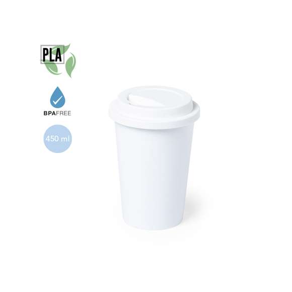 Vaso de linea nature, fabricado en PLA 100% compostable. 450ml de capacidad, de acabado sólido y con tapa dosificador de seguridad en mismo material, libre de BPA.  Producto fabricado con material PLA, procedente de materias primas renovables, con importantes propiedades como la versatilidad y la resistencia, destacando entre todas ellas la de compostabilidad.