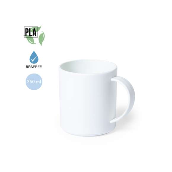 Taza de línea nature en PLA 100% compostable. 350ml de capacidad, de acabado sólido y libre de BPA.  Producto fabricado con material PLA, procedente de materias primas renovables, con importantes propiedades como la versatilidad y la resistencia, destacando entre todas ellas la de compostabilidad.