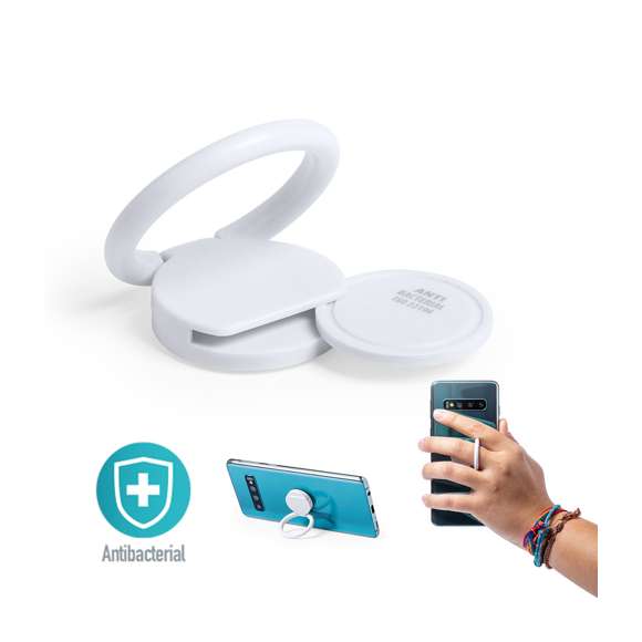 Soporte antibacteriano con adhesivo 3M extra fuerte. Ideal para smartphone, con moneda para carro integrada y anilla posterior 360º para el dedo, válida como soporte y accesorio para selfies.Los productos con tratamientos antibacterianos son capaces de reducir drásticamente las cargas bacterianas presentes en las superficies de los materiales, gracias a la incorporación de agentes microbianos permanentes estáticos, con alta efectividad para inhibir y prevenir la contaminación bacteriana.Artículo de acuerdo al estándar ISO 22196, que determina la actividad antibacteriana en materiales plásticos y superficies no porosas, lo que permite conocer la efectividad de inhibición microbiana que tienen los aditivos sobre los objetos tratados mediante una evaluación cuantitativa.