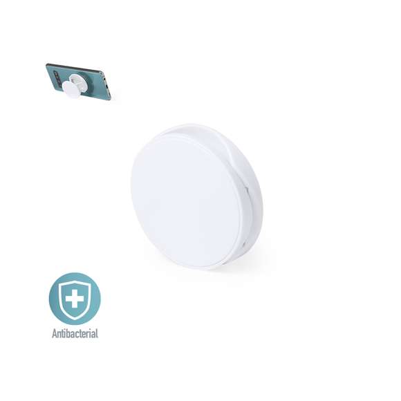 Soporte antibacteriano para smartphone. Diseño plegable en elegante acabado de color blanco, especialmente diseñado para marcaje en tampografía. Con adhesivo 3M, de fijación extra fuerte y libre de residuos al despegarlo del dispositivo.Los productos con tratamientos antibacterianos son capaces de reducir drásticamente las cargas bacterianas presentes en las superficies de los materiales, gracias a la incorporación de agentes microbianos permanentes estáticos, con alta efectividad para inhibir y prevenir la contaminación bacteriana.Artículo de acuerdo al estándar ISO 22196, que determina la actividad antibacteriana en materiales plásticos y superficies no porosas, lo que permite conocer la efectividad de inhibición microbiana que tienen los aditivos sobre los objetos tratados mediante una evaluación cuantitativa.