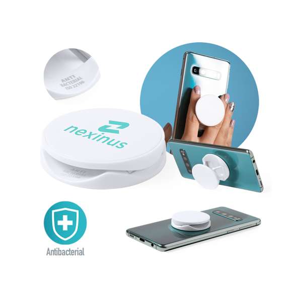 Soporte antibacteriano para smartphone. Diseño plegable en elegante acabado de color blanco, especialmente diseñado para marcaje en tampografía. Con adhesivo 3M, de fijación extra fuerte y libre de residuos al despegarlo del dispositivo.Los productos con tratamientos antibacterianos son capaces de reducir drásticamente las cargas bacterianas presentes en las superficies de los materiales, gracias a la incorporación de agentes microbianos permanentes estáticos, con alta efectividad para inhibir y prevenir la contaminación bacteriana.Artículo de acuerdo al estándar ISO 22196, que determina la actividad antibacteriana en materiales plásticos y superficies no porosas, lo que permite conocer la efectividad de inhibición microbiana que tienen los aditivos sobre los objetos tratados mediante una evaluación cuantitativa.