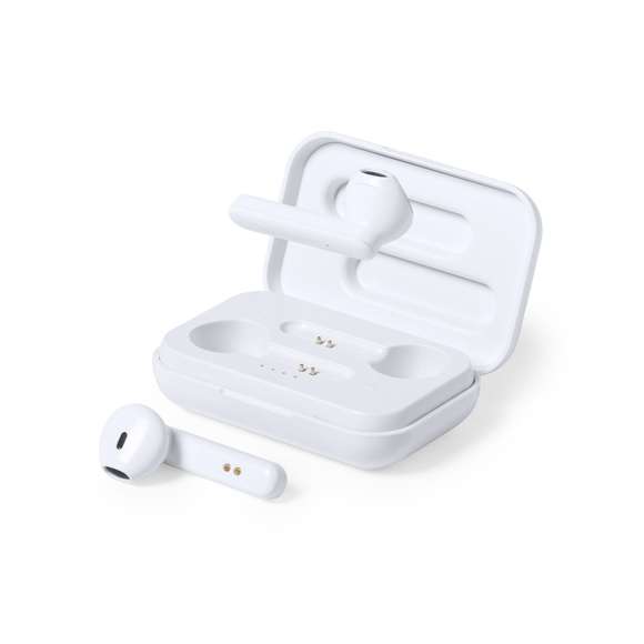 Auriculares antibacterianos intraurales en elegante acabado blanco y conexión Bluetooth® 5.0. Fabricados en resistente material ABS brillo y de diseño ergonómico, incluyen botón de control táctil integrado en el auricular, con base de carga a juego. Función manos libres y recargables, con cable micro USB incluido. Presentados en estuche individual de lujo con tapa de bisagra y en atractiva caja de diseño.  Los productos con tratamientos antibacterianos son capaces de reducir drásticamente las cargas bacterianas presentes en las superficies de los materiales, gracias a la incorporación de agentes microbianos permanentes estáticos, con alta efectividad para inhibir y prevenir la contaminación bacteriana.  Artículo de acuerdo al estándar ISO 22196, que determina la actividad antibacteriana en materiales plásticos y superficies no porosas, lo que permite conocer la efectividad de inhibición microbiana que tienen los aditivos sobre los objetos tratados mediante una evaluación cuantitativa.