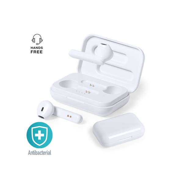Auriculares antibacterianos intraurales en elegante acabado blanco y conexión Bluetooth® 5.0. Fabricados en resistente material ABS brillo y de diseño ergonómico, incluyen botón de control táctil integrado en el auricular, con base de carga a juego. Función manos libres y recargables, con cable micro USB incluido. Presentados en estuche individual de lujo con tapa de bisagra y en atractiva caja de diseño.  Los productos con tratamientos antibacterianos son capaces de reducir drásticamente las cargas bacterianas presentes en las superficies de los materiales, gracias a la incorporación de agentes microbianos permanentes estáticos, con alta efectividad para inhibir y prevenir la contaminación bacteriana.  Artículo de acuerdo al estándar ISO 22196, que determina la actividad antibacteriana en materiales plásticos y superficies no porosas, lo que permite conocer la efectividad de inhibición microbiana que tienen los aditivos sobre los objetos tratados mediante una evaluación cuantitativa.