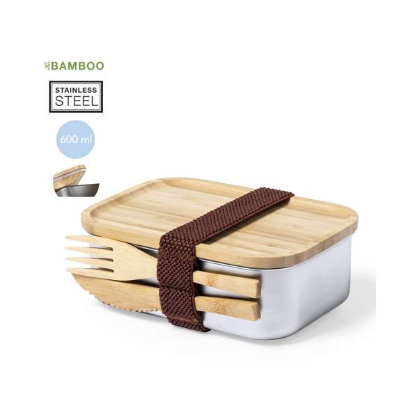  	Fiambrera de línea nature. Tapadera y cubiertos fabricados en bambú, con compartimento principal en acero inox de 600 ml de capacidad. Incluye cinta de seguridad con tenedor + cuchillo y tapa hermética con banda de goma. Presentada en atractiva caja individual de diseño nature.