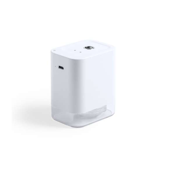 Dispensador automático de alcohol para higiene y limpieza de la piel, con sensor de movimiento de infrarrojos y led indicador. Tamaño compacto y discreto acabado en color blanco mate especialmente indicado para marcaje en tampografía, con depósito de 45 ml fácilmente rellenable (alcohol no incluido), más filtro y muelle de recambio.  Batería de iones de litio de 1.800 mA y capacidad de conversión electrónica ≥ 90%. Recargable mediante cable USB tipo C de 1 metro de largo en color a juego,.  Presentado en atractiva caja de diseño, disponible manual de instrucciones en español en inglés.