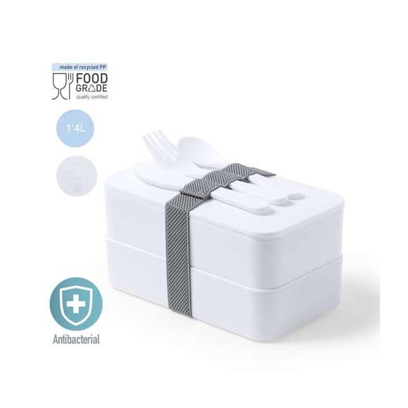  	Fiambrera antibacteriana en resistente material PP de acabado sólido, libre de BPA. Dos compartimentos, cada uno de 700 ml de capacidad y cinta de seguridad con tenedor, cuchara y cuchillo. 	 	Los productos con tratamientos antibacterianos son capaces de reducir drásticamente las cargas bacterianas presentes en las superficies de los materiales, gracias a la incorporación de agentes microbianos permanentes estáticos, con alta efectividad para inhibir y prevenir la contaminación bacteriana. 	 	Artículo de acuerdo al estándar ISO 22196, que determina la actividad antibacteriana en materiales plásticos y superficies no porosas, lo que permite conocer la efectividad de inhibición microbiana que tienen los aditivos sobre los objetos tratados mediante una evaluación cuantitativa.
