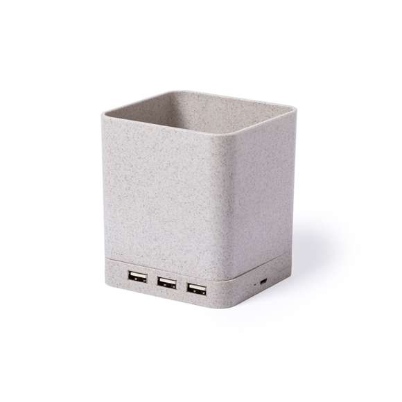 Lapicero multifunción 4 en 1 de línea nature. Carcasa en caña de trigo, para así fomentar la utilización de materias primas naturales y reducir las emisiones contaminantes.  Con funciones lapicero, soporte para smartphone, cargador inalámbrico y puerto USB (3xUSB 2.0). Compatible con smartphones con tecnología de carga inalámbrica, incluye cable micro USB en color blanco de 1 metro de largo. Presentado en atractiva caja de diseño eco. Disponible manual de instrucciones en español e inglés.