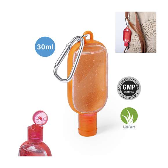 Gel hidroalcohólico para higiene y limpieza de la piel en bote rellenable de 30 ml, con extracto balsámico de Aloe Vera. Cuerpo en variada gama de colores, con dosificador, tapón de seguridad y mosquetón para transporte / fijación. Solución con 65% de contenido de alcohol.  Artículo con certificación GMP (Good Manufaturing Practices / Normas de Correcta Fabricación) que garantiza el cumplimiento de rigurosas medidas de control para la obtención de un producto seguro y de calidad.  Disponible certificación 94/62/EC.  Artículo con certificación GMP (Good Manufaturing Practices / Normas de Correcta Fabricación) que garantiza el cumplimiento de rigurosas medidas de control para la obtención de un producto seguro y de calidad.