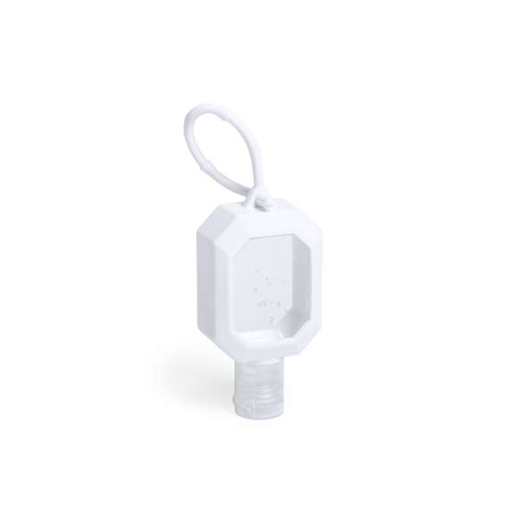 Gel hidroalcohólico para higiene y limpieza de la piel en bote rellenable de 30 ml, con extracto balsámico de Aloe Vera. Cuerpo en suave silicona de color blanco, con dosificador, tapón de seguridad y cordón en mismo material para transporte / fijación. Solución con 65% de contenido de alcohol.  Disponible certificación 94/62/EC.  Artículo con certificación GMP (Good Manufaturing Practices / Normas de Correcta Fabricación) que garantiza el cumplimiento de rigurosas medidas de control para la obtención de un producto seguro y de calidad.