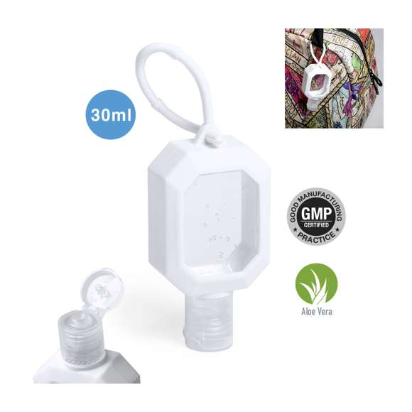 Gel hidroalcohólico para higiene y limpieza de la piel en bote rellenable de 30 ml, con extracto balsámico de Aloe Vera. Cuerpo en suave silicona de color blanco, con dosificador, tapón de seguridad y cordón en mismo material para transporte / fijación. Solución con 65% de contenido de alcohol.  Disponible certificación 94/62/EC.  Artículo con certificación GMP (Good Manufaturing Practices / Normas de Correcta Fabricación) que garantiza el cumplimiento de rigurosas medidas de control para la obtención de un producto seguro y de calidad.