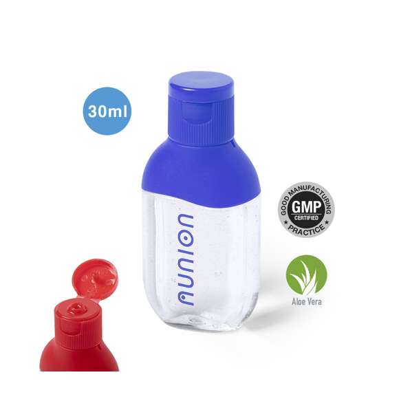Gel hidroalcohólico para higiene y limpieza de la piel en bote rellenable de 30 ml, con extracto balsámico de Aloe Vera. Cuerpo transparente con detalle y tapón de acabado sólido, en variada gama de colores. Con dosificador y tapón de seguridad. Solución con 65% de contenido de alcohol.Disponible certificación 94/62/EC.Artículo con certificación GMP (Good Manufaturing Practices / Normas de Correcta Fabricación) que garantiza el cumplimiento de rigurosas medidas de control para la obtención de un producto seguro y de calidad.