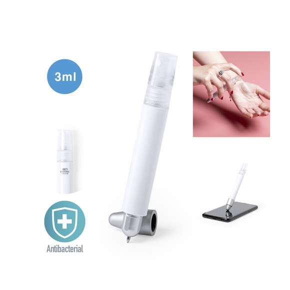 Bolígrafo antibacteriano con pulverizador recargable integrado y capucha protectora con puntero en color gris. Acabado liso en resistente ABS brillante con detalles cromados y escritura en tinta azul. Capacidad del pulverizador 3ml. Líquido no incluido.Los productos con tratamientos antibacterianos son capaces de reducir drásticamente las cargas bacterianas presentes en las superficies de los materiales, gracias a la incorporación de agentes microbianos permanentes estáticos, con alta efectividad para inhibir y prevenir la contaminación bacteriana.Artículo de acuerdo al estándar ISO 22196, que determina la actividad antibacteriana en materiales plásticos y superficies no porosas, lo que permite conocer la efectividad de inhibición microbiana que tienen los aditivos sobre los objetos tratados mediante una evaluación cuantitativa.