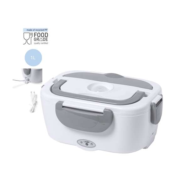Fiambrera eléctrica de 1l de capacidad . Fabricada en resistente ABS libre de BPA y en diseño bicolor. Incluye práctica asa de transporte y tapa hemética con cierres de seguridad laterales. 2 compartimentos principales y compartimento auxiliar con cierre hermético. Cuchara incluida, con cable de alimentación para enchufe europeo. Ideal para calentar la comida en la oficina. Presentada en atractiva caja de diseño.