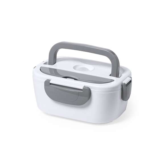 Fiambrera eléctrica de 1l de capacidad . Fabricada en resistente ABS libre de BPA y en diseño bicolor. Incluye práctica asa de transporte y tapa hemética con cierres de seguridad laterales. 2 compartimentos principales y compartimento auxiliar con cierre hermético. Cuchara incluida, con cable de alimentación para enchufe europeo. Ideal para calentar la comida en la oficina. Presentada en atractiva caja de diseño.