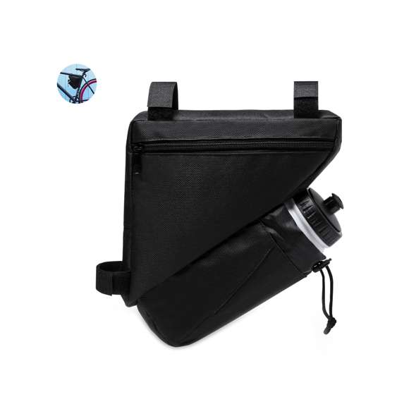  	Bolsa para de bicicleta en resistente poliéster 600D con interior reforzado en PVC. Disponible en color negro. 	 	Compartimento principal con cierre de cremallera y ajuste universal al cuadro de la bicicleta mediante 3 tiras de velcro. Compartimento para bidón con cordón ajustable.