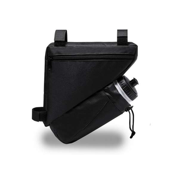  	Bolsa para de bicicleta en resistente poliéster 600D con interior reforzado en PVC. Disponible en color negro. 	 	Compartimento principal con cierre de cremallera y ajuste universal al cuadro de la bicicleta mediante 3 tiras de velcro. Compartimento para bidón con cordón ajustable.