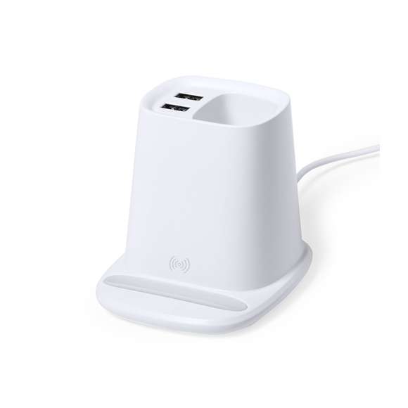 Lapicero multifunción 4 en 1, fabricado en resistente material ABS de color blanco.  Con funciones lapicero, soporte para smartphone, cargador inalámbrico 5W y 2 salidas USB de 2.000 mA. Puerto USB inferior, apto para transferencia de datos. Compatible con smartphones con tecnología de carga inalámbrica. Incluye cable tipo C de 1 metro de largo y viene presentado en atractiva caja de diseño. Disponible manual de instrucciones en español e inglés.