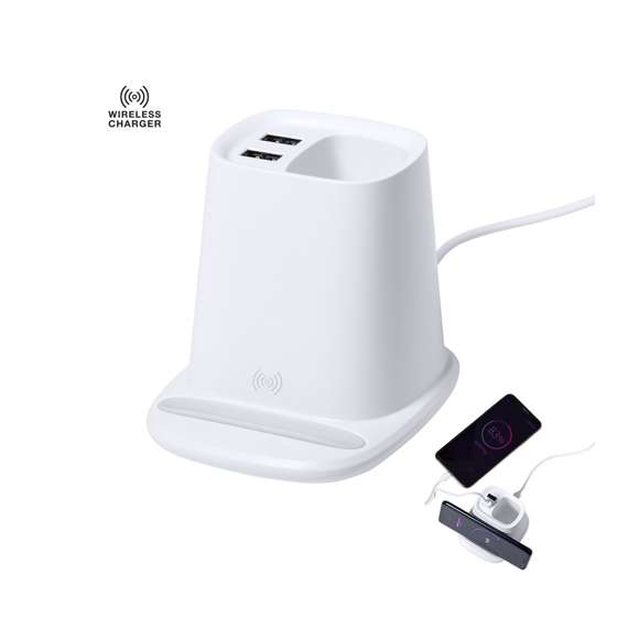 Lapicero multifunción 4 en 1, fabricado en resistente material ABS de color blanco.  Con funciones lapicero, soporte para smartphone, cargador inalámbrico 5W y 2 salidas USB de 2.000 mA. Puerto USB inferior, apto para transferencia de datos. Compatible con smartphones con tecnología de carga inalámbrica. Incluye cable tipo C de 1 metro de largo y viene presentado en atractiva caja de diseño. Disponible manual de instrucciones en español e inglés.