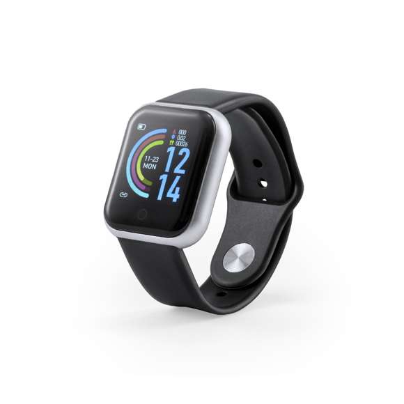 Reloj inteligente multifunción de diseño casual, con conexión Bluetooth®. Elegante caja con correa en material TPU y pantalla LCD táctil integrada de 1,44 pulgadas, que lo convierten en el gadget perfecto para todo tipo de actividades deportivas, de ocio y para el día a día.  Con funciones monitor de frecuencia cardíaca, presión arterial y oxígeno en sangre, monitor de sueño, cámara remota, alarma, antipérdida y podómetro.  Resistente a salpicaduras de agua, con APP disponible para iOS y Android. Presentado en atractiva caja de diseño. Disponible manual de instrucciones en español e inglés.
