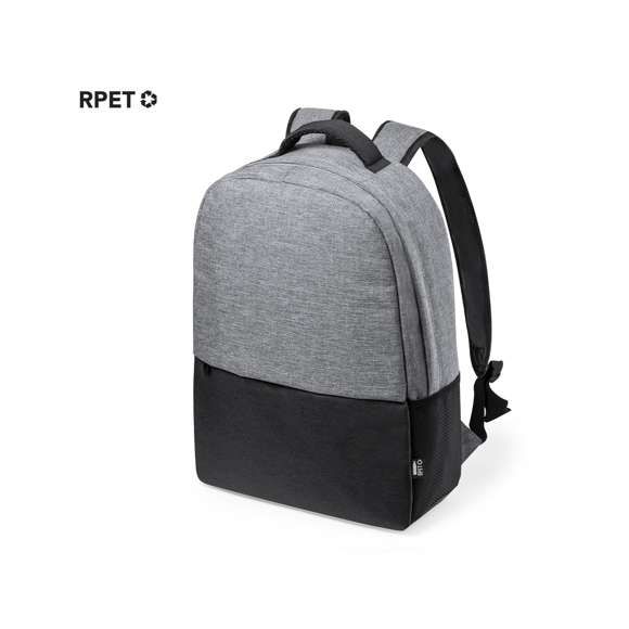 Mochila en resistente poliéster 600D RPET, elaborado a partir de plástico reciclado para así fomentar la reutilización de residuos plásticos y contribuir a la sostenibilidad del planeta.  En elegante acabado bicolor, incluye etiqueta exterior con distintivo RPET. Bolsillo principal con compartimentos acolchados para ordenador portátil de hasta 15 pulgadas y tablet de hasta 10 pulgadas. Espalda y cintas acolchadas.