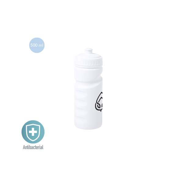 Bidón antibacteriano acabado en PE de color blanco, libre de BPA. 500ml de capacidad, con cuerpo ergonómico, tapón a rosca y dosificador de seguridad.Los productos con tratamientos antibacterianos son capaces de reducir drásticamente las cargas bacterianas presentes en las superficies de los materiales, gracias a la incorporación de agentes microbianos permanentes estáticos, con alta efectividad para inhibir y prevenir la contaminación bacteriana.Artículo de acuerdo al estándar ISO 22196, que determina la actividad antibacteriana en materiales plásticos y superficies no porosas, lo que permite conocer la efectividad de inhibición microbiana que tienen los aditivos sobre los objetos tratados mediante una evaluación cuantitativa.