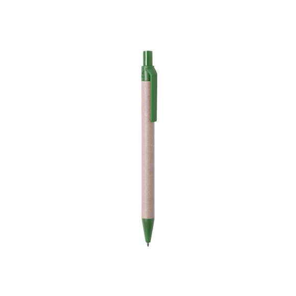 Bolígrafo de línea nature con mecanismo pulsador. Combinación de cuerpo en cartón reciclado de color natural y accesorios en PLA -Ácido PoliLáctico-, que se obtiene a partir de recursos 100% naturales como el almidón de maíz, la yuca o la caña de azúcar, pudiendo convertirse en 100% compostable al final de su ciclo de vida útil.  Disponible en variada gama de colores, con tinta azul. Distintivo PLA en parte superior del bolígrafo.