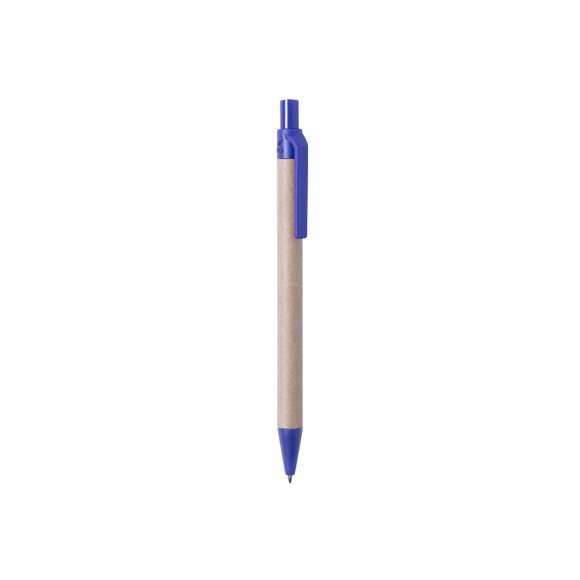 Bolígrafo de línea nature con mecanismo pulsador. Combinación de cuerpo en cartón reciclado de color natural y accesorios en PLA -Ácido PoliLáctico-, que se obtiene a partir de recursos 100% naturales como el almidón de maíz, la yuca o la caña de azúcar, pudiendo convertirse en 100% compostable al final de su ciclo de vida útil.  Disponible en variada gama de colores, con tinta azul. Distintivo PLA en parte superior del bolígrafo.