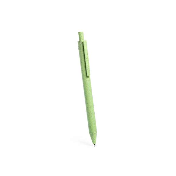  	Bolígrafo de línea nature con mecanismo pulsador. Cuerpo en caña de trigo y PP, para así fomentar la utilización de materias primas naturales y reducir las emisiones contaminantes. 	 	Clip con amplia superficie de marcaje y disponible en variada gama de colores pastel, con tinta azul. Con distintivo Wheat Straw en la parte superior del bolígrafo.