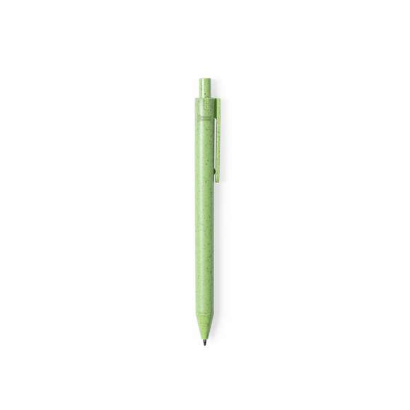  	Bolígrafo de línea nature con mecanismo pulsador. Cuerpo en caña de trigo y PP, para así fomentar la utilización de materias primas naturales y reducir las emisiones contaminantes. 	 	Clip con amplia superficie de marcaje y disponible en variada gama de colores pastel, con tinta azul. Con distintivo Wheat Straw en la parte superior del bolígrafo.