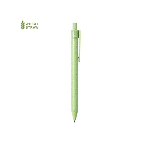  	Bolígrafo de línea nature con mecanismo pulsador. Cuerpo en caña de trigo y PP, para así fomentar la utilización de materias primas naturales y reducir las emisiones contaminantes. 	 	Clip con amplia superficie de marcaje y disponible en variada gama de colores pastel, con tinta azul. Con distintivo Wheat Straw en la parte superior del bolígrafo.