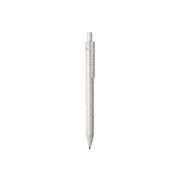  	Bolígrafo de línea nature con mecanismo pulsador. Cuerpo en caña de trigo y PP, para así fomentar la utilización de materias primas naturales y reducir las emisiones contaminantes. 	 	Clip con amplia superficie de marcaje y disponible en variada gama de colores pastel, con tinta azul. Con distintivo Wheat Straw en la parte superior del bolígrafo.