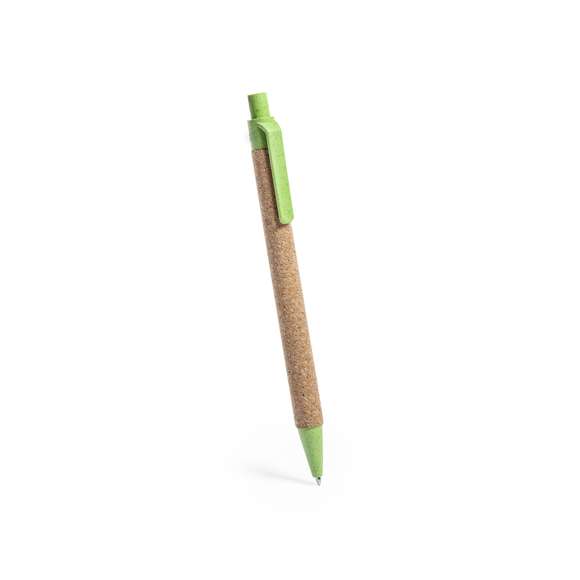  	Bolígrafo de línea nature con mecanismo pulsador. Combinación de cuerpo en corcho natural y accesorios en caña de trigo y ABS , para así fomentar la utilización y reciclado de materias primas, reduciendo así las emisiones contaminantes. 	 	Disponible en variada gama de colores, con tinta azul. Distintivo Wheat Straw en la parte superior del bolígrafo.