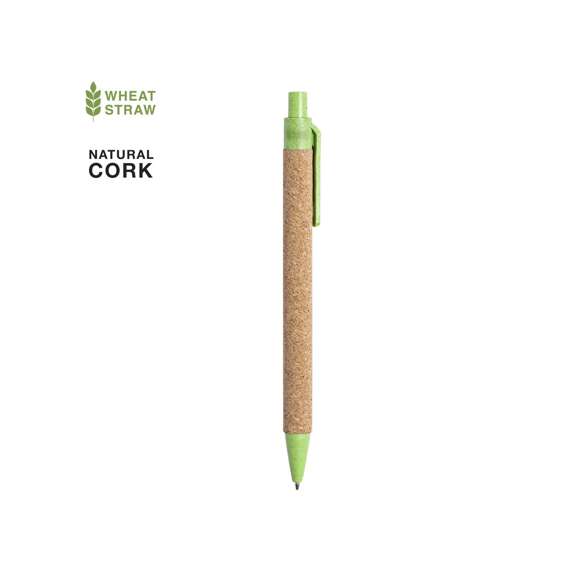  	Bolígrafo de línea nature con mecanismo pulsador. Combinación de cuerpo en corcho natural y accesorios en caña de trigo y ABS , para así fomentar la utilización y reciclado de materias primas, reduciendo así las emisiones contaminantes. 	 	Disponible en variada gama de colores, con tinta azul. Distintivo Wheat Straw en la parte superior del bolígrafo.