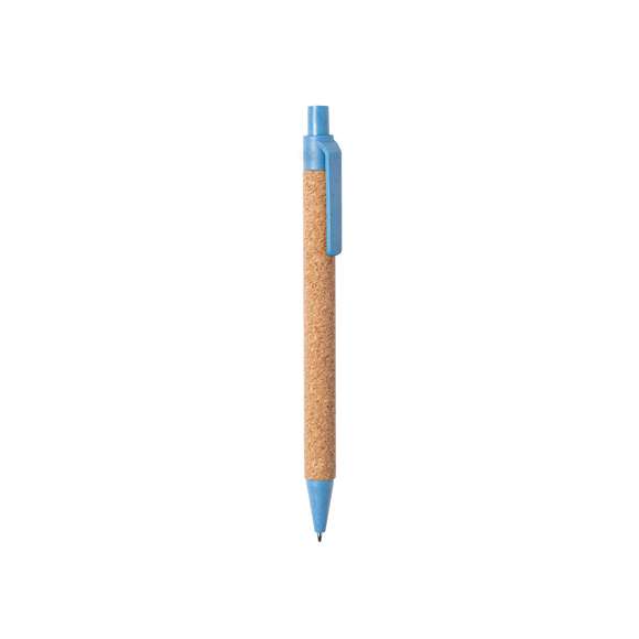  	Bolígrafo de línea nature con mecanismo pulsador. Combinación de cuerpo en corcho natural y accesorios en caña de trigo y ABS , para así fomentar la utilización y reciclado de materias primas, reduciendo así las emisiones contaminantes. 	 	Disponible en variada gama de colores, con tinta azul. Distintivo Wheat Straw en la parte superior del bolígrafo.