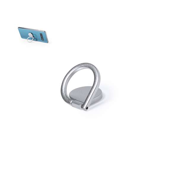 Soporte metálico para smartphone en acabado mate. De elegante diseño y con adhesivo 3M, de fijación extra fuerte y libre de residuos al despegarlo del dispositivo. Con anilla soporte posterior para dedo y presentado en bolsita individual de diseño.