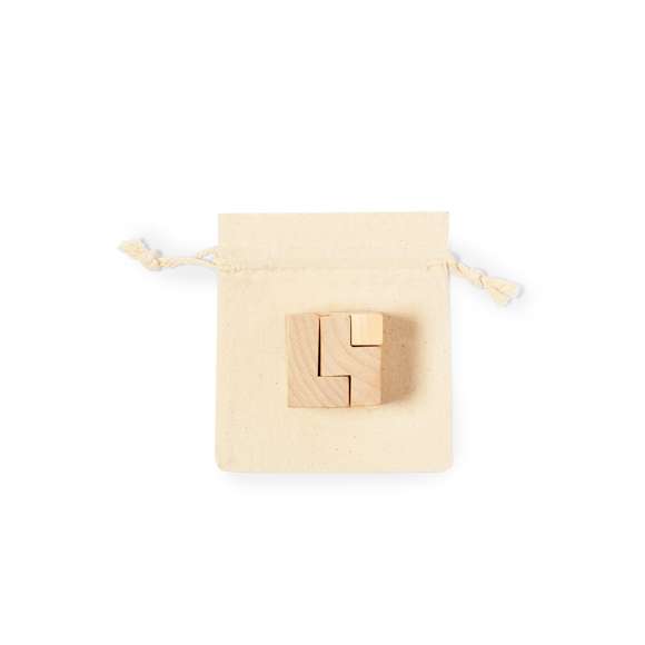 Juego de habilidad de 7 piezas para los más creativos, presentado en una resistente funda de algodón con cierre de cordón.