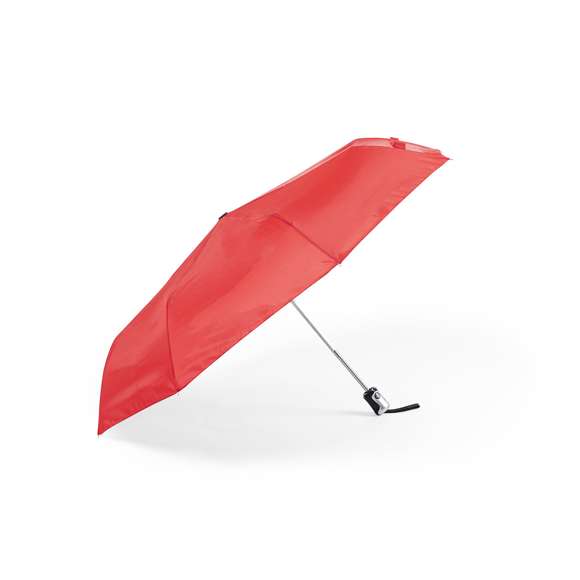 Paraguas plegable de 8 paneles y 98cm de diámetro. Tela en resistente poliéster 190T, con mecanismo automático de apertura/cierre y sistema antiviento. Varillas metálicas en color plata y fibra de vidrio. Cierre de velcro y mango ergonómico con cinta de transporte. Incluye funda a juego.