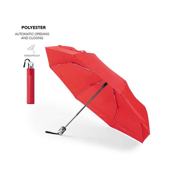 Paraguas plegable de 8 paneles y 98cm de diámetro. Tela en resistente poliéster 190T, con mecanismo automático de apertura/cierre y sistema antiviento. Varillas metálicas en color plata y fibra de vidrio. Cierre de velcro y mango ergonómico con cinta de transporte. Incluye funda a juego.