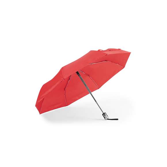 Paraguas plegable de 8 paneles y 98cm de diámetro. Tela en resistente poliéster 190T, con mecanismo automático de apertura/cierre y sistema antiviento. Varillas metálicas en color plata y fibra de vidrio. Cierre de velcro y mango ergonómico con cinta de transporte. Incluye funda a juego.