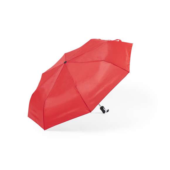 Paraguas plegable de 8 paneles y 98cm de diámetro. Tela en resistente poliéster 190T, con mecanismo automático de apertura/cierre y sistema antiviento. Varillas metálicas en color plata y fibra de vidrio. Cierre de velcro y mango ergonómico con cinta de transporte. Incluye funda a juego.