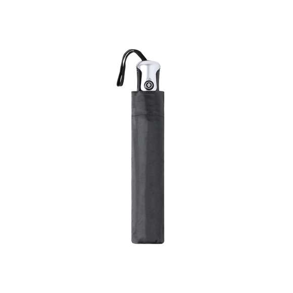 Paraguas plegable de 8 paneles y 98cm de diámetro. Tela en resistente poliéster 190T, con mecanismo automático de apertura/cierre y sistema antiviento. Varillas metálicas en color plata y fibra de vidrio. Cierre de velcro y mango ergonómico con cinta de transporte. Incluye funda a juego.