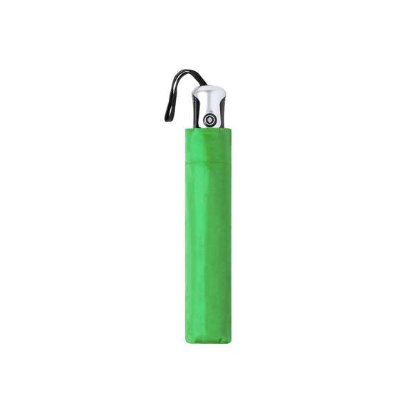 Paraguas plegable de 8 paneles y 98cm de diámetro. Tela en resistente poliéster 190T, con mecanismo automático de apertura/cierre y sistema antiviento. Varillas metálicas en color plata y fibra de vidrio. Cierre de velcro y mango ergonómico con cinta de transporte. Incluye funda a juego.
