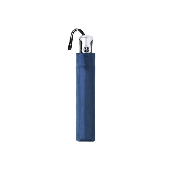 Paraguas plegable de 8 paneles y 98cm de diámetro. Tela en resistente poliéster 190T, con mecanismo automático de apertura/cierre y sistema antiviento. Varillas metálicas en color plata y fibra de vidrio. Cierre de velcro y mango ergonómico con cinta de transporte. Incluye funda a juego.