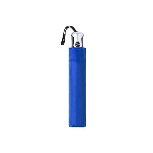 Paraguas plegable de 8 paneles y 98cm de diámetro. Tela en resistente poliéster 190T, con mecanismo automático de apertura/cierre y sistema antiviento. Varillas metálicas en color plata y fibra de vidrio. Cierre de velcro y mango ergonómico con cinta de transporte. Incluye funda a juego.
