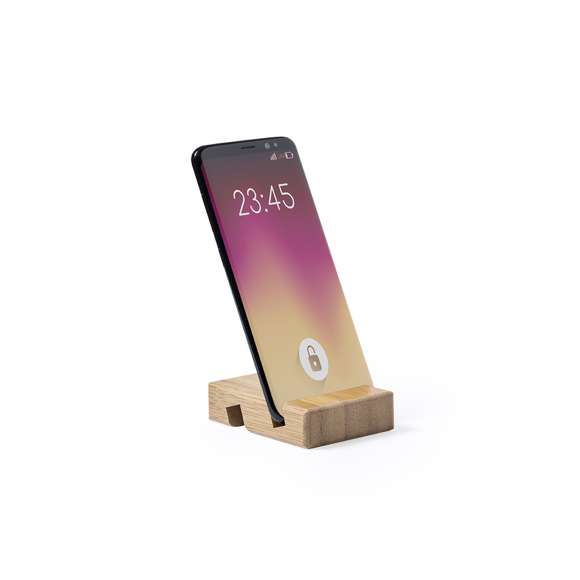 Soporte de línea nature para dispositivos móviles (smartphones y tablets). Fabricado en resistente bambú de acabado lacado, con ranura/soporte en ambas caras.