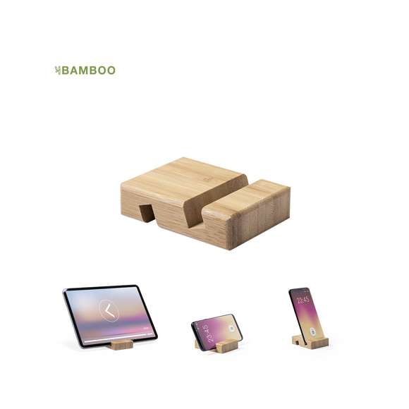 Soporte de línea nature para dispositivos móviles (smartphones y tablets). Fabricado en resistente bambú de acabado lacado, con ranura/soporte en ambas caras.