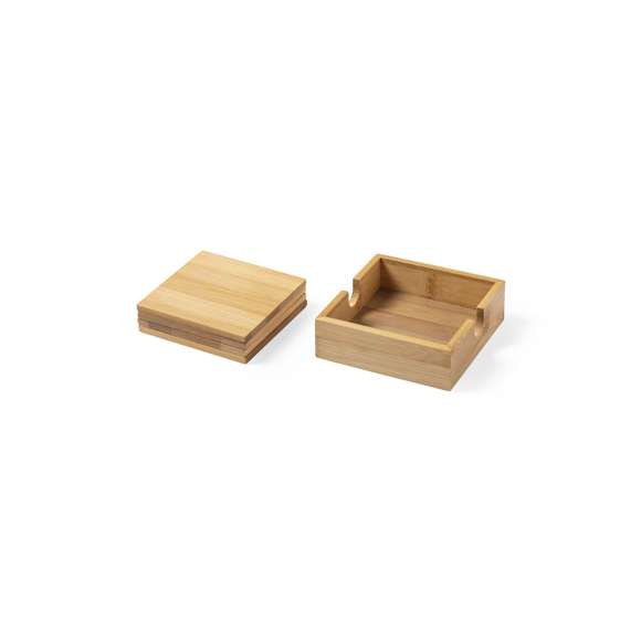 Set de 4 posavasos de línea nature en cajita. Fabricado en bambú lacado y presentado en atractiva caja individual de diseño eco.