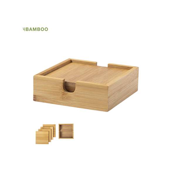 Set de 4 posavasos de línea nature en cajita. Fabricado en bambú lacado y presentado en atractiva caja individual de diseño eco.