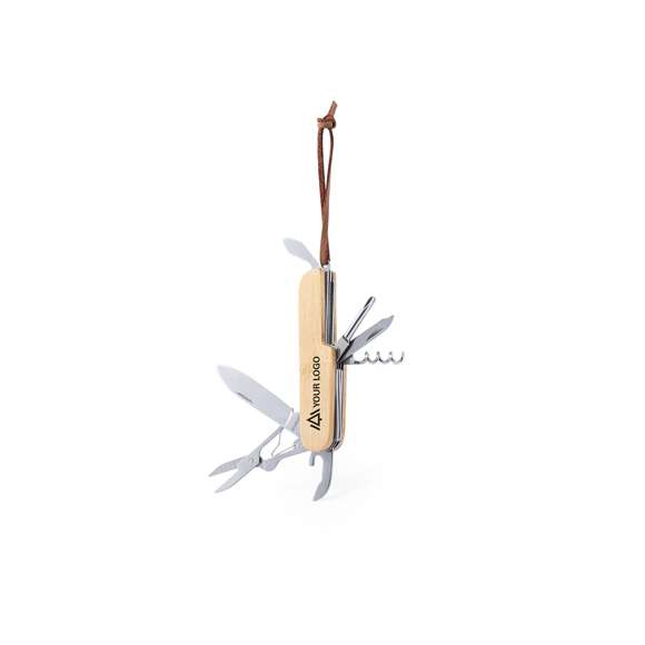 Navaja multiusos de línea nature, en combinación de materiales bambú y acero inox, con 9 funciones. Incluye navaja, abridores, tijeras, lima, destornillador, sacacorchos… Con cinta para transporte en polipiel y presentada en caja individual.